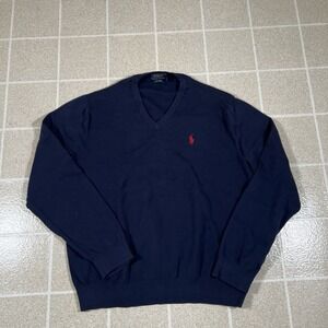 Polo Ralph Lauren Sweater Mens 2XL XXL Navy V Neck Pullover Red Pony Soft Career
